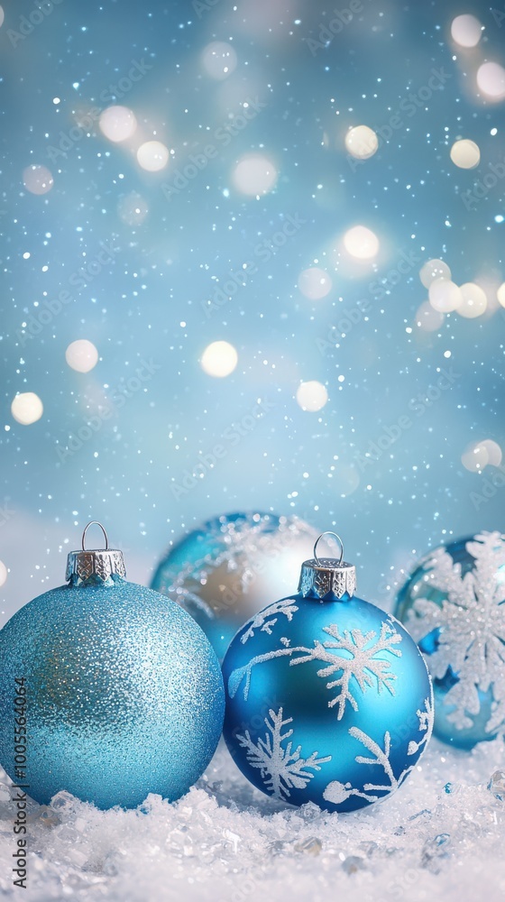 Fototapeta premium Blue Christmas Ornaments on a Light Blurred Background.