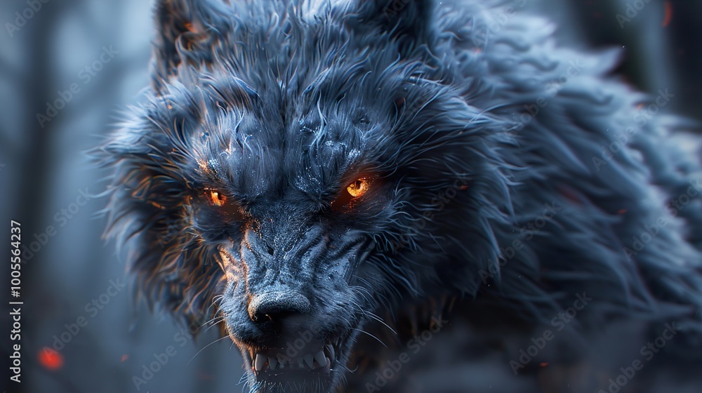 Fierce Wolf Portrait: Glowing Eyes and Sharp Teeth Fierce Wolf Portrait: Glowing Eyes and Sharp Teeth