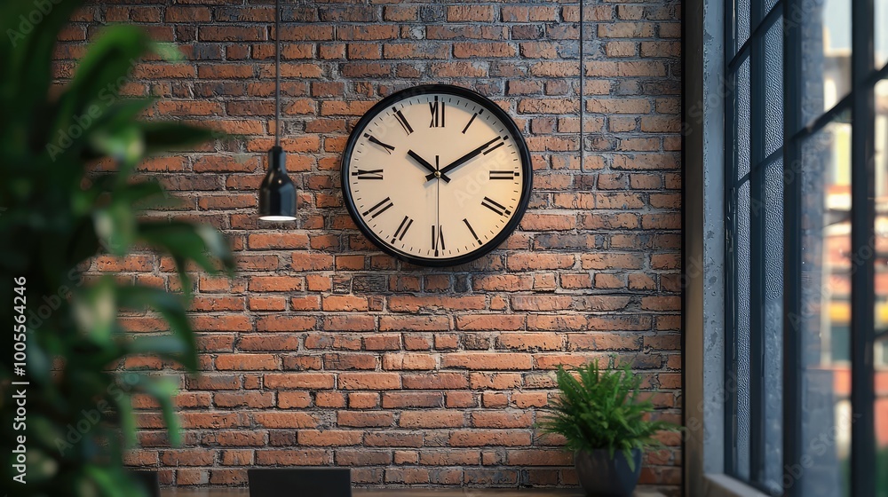 Fototapeta premium A stylish clock on a brick wall, perfect for adding a modern touch to any interior space with greenery.