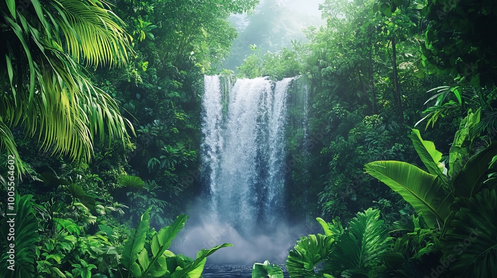 A vibrant view of a tropical waterfall surrounded by lush jungle vegetation. The cascading water and the vibrant greenery create a dramatic and exotic natural scene. A vibrant view of a tropical waterfall surrounded by lush jungle vegetation. The cascading water and the vibrant greenery create a dramatic and exotic natural scene.