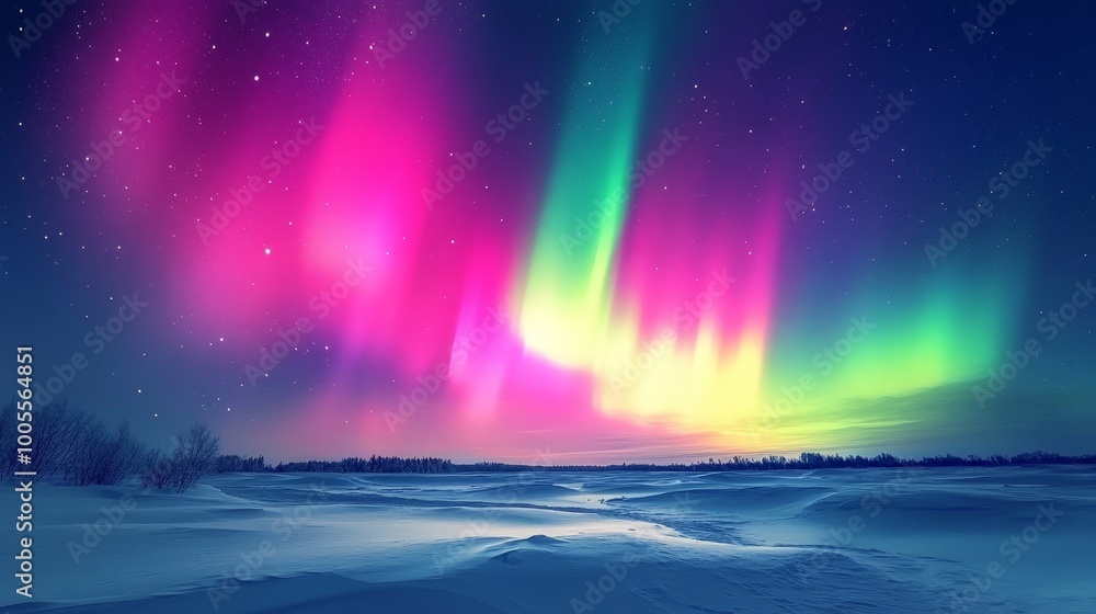 A vibrant view of the Northern Lights dancing across a clear night sky over a snowy landscape. A vibrant view of the Northern Lights dancing across a clear night sky over a snowy landscape.