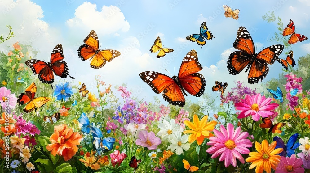 A vivid depiction of a butterfly garden with a variety of butterflies fluttering among colorful blossoms. The diverse array of butterflies and flowers creates a dynamic and lively scene. A vivid depiction of a butterfly garden with a variety of butterflies fluttering among colorful blossoms. The diverse array of butterflies and flowers creates a dynamic and lively scene.