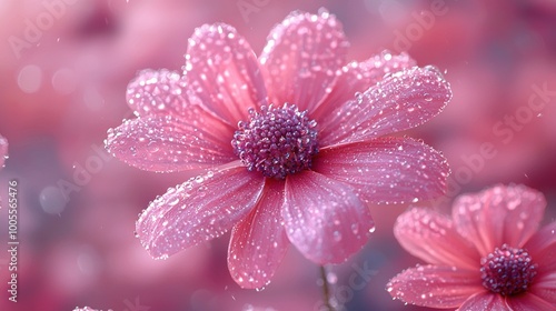 Delicate pink flowers with dew drops glistening in soft light during a serene morning