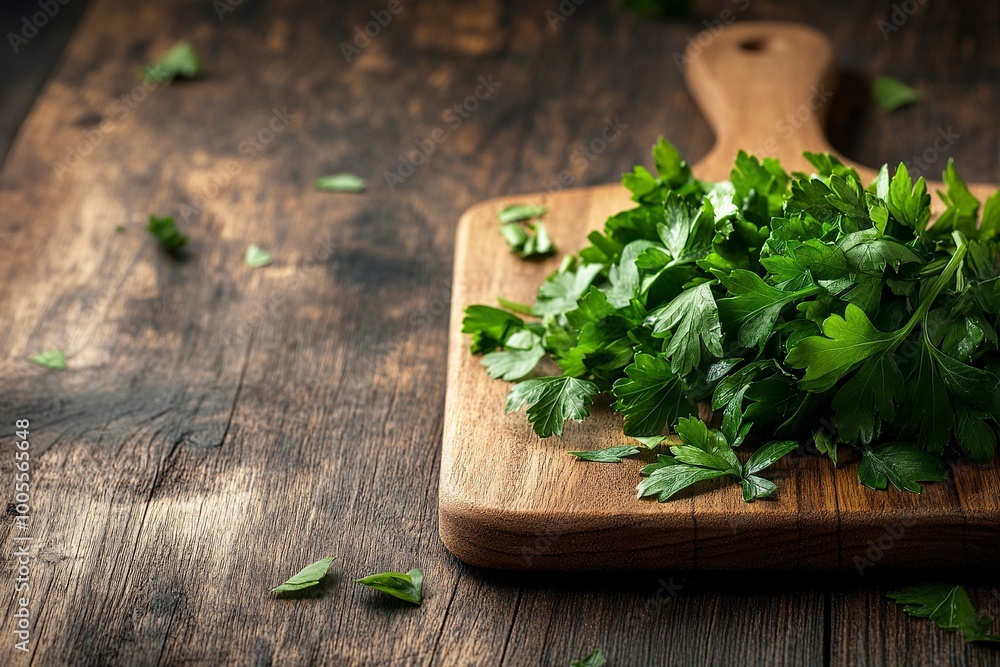 Chopping Fresh Parsley on Wooden Board, Cooking Action. Close-up, shallow dof. generative ai Chopping Fresh Parsley on Wooden Board, Cooking Action. Close-up, shallow dof. generative ai