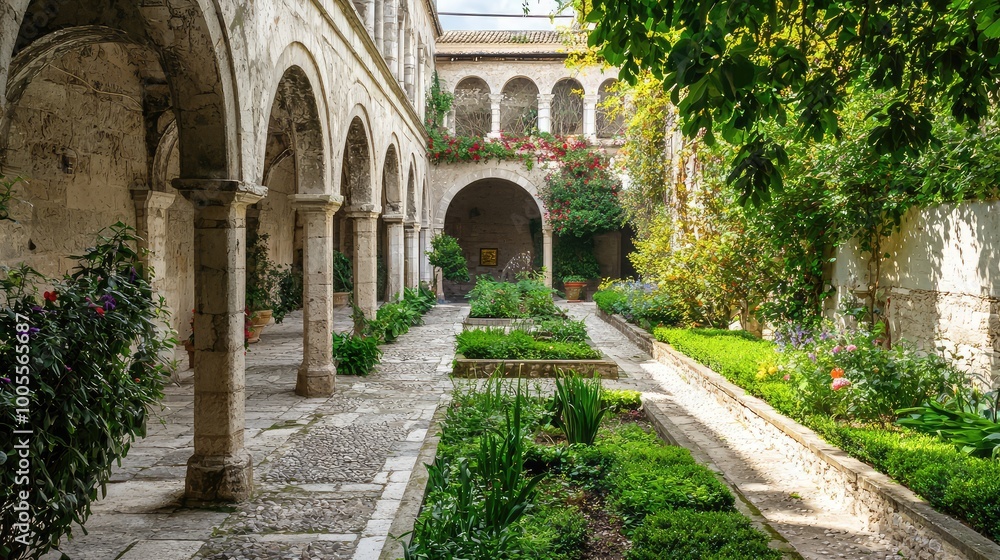 A tranquil courtyard featuring lush greenery, stone arches, and peaceful nature, perfect for reflection and relaxation. A tranquil courtyard featuring lush greenery, stone arches, and peaceful nature, perfect for reflection and relaxation.