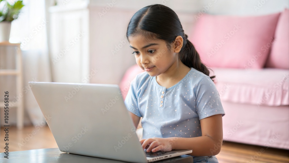 Indian Asian Girl Using Laptop While Sitting on Wooden Floor Against Wall
Indian Asian Girl Using Laptop While Sitting on Wooden Floor Against Wall