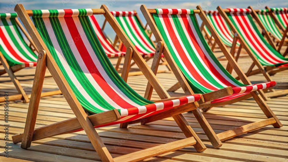 Enjoy outdoor comfort with these striped red and green folding deck chairs, designed for relaxation in any setting. Enjoy outdoor comfort with these striped red and green folding deck chairs, designed for relaxation in any setting.