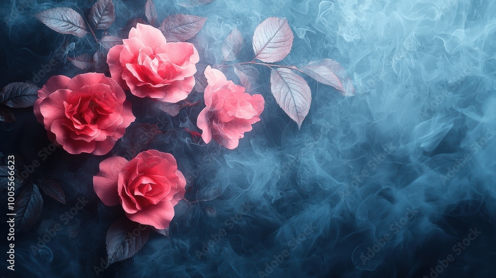 Obraz premium Pink roses surrounded by ethereal blue smoke create a captivating and mystical atmosphere in a serene setting