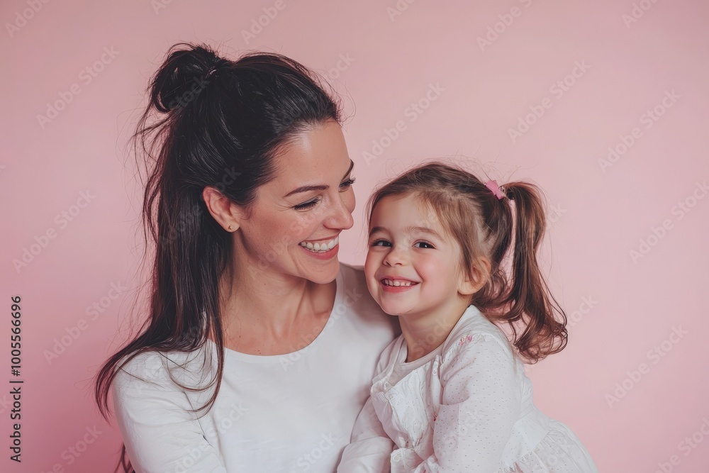 Subject: 30s woman in light clothes have fun with 5 years old girl. Portrait on solid light pink background. Perfect for Mother's Day, love family, parenthood childhood concept. Subject: 30s woman in light clothes have fun with 5 years old girl. Portrait on solid light pink background. Perfect for Mother's Day, love family, parenthood childhood concept.