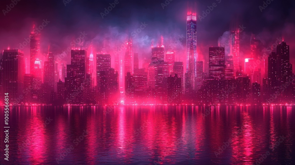 Vibrant neon skyline reflecting on water during a misty night in a bustling metropolis filled with energy and color Vibrant neon skyline reflecting on water during a misty night in a bustling metropolis filled with energy and color