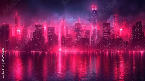 Vibrant neon skyline reflecting on water during a misty night in a bustling metropolis filled with energy and color