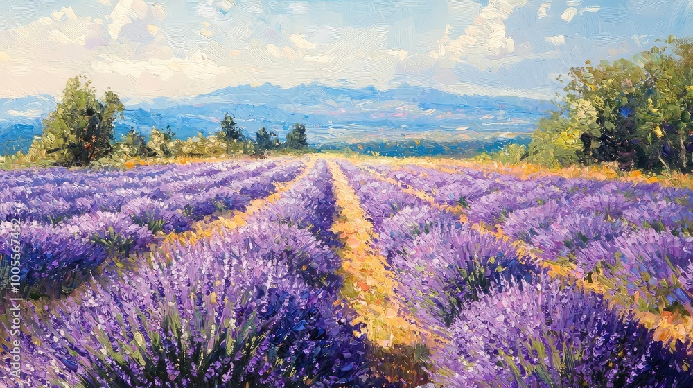 Fototapeta premium A vibrant lavender field stretches to the horizon, showcasing the beauty of nature under a clear blue sky with distant mountains.