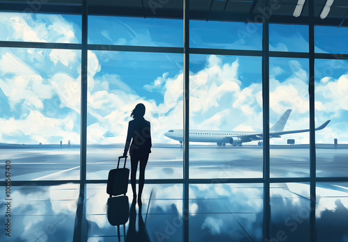 Silhouette of a business person with a suitcase, waiting for a plane in an airport terminal. The background includes a panoramic window and a plane