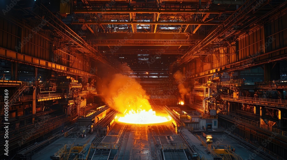 A vibrant scene inside a steel mill showcasing molten metal pouring into a casting mold, highlighting industrial craftsmanship. A vibrant scene inside a steel mill showcasing molten metal pouring into a casting mold, highlighting industrial craftsmanship.