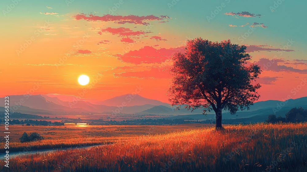 A serene sunset over rolling hills and a lone tree in a tranquil landscape, capturing the beauty of nature at dusk A serene sunset over rolling hills and a lone tree in a tranquil landscape, capturing the beauty of nature at dusk