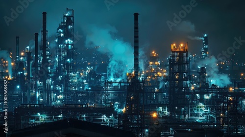 A vibrant view of an industrial factory at night, illuminated by colorful lights and emitting smoke into the dark sky.