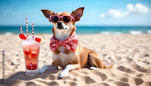 Poodle enjoying a tropical beach getaway with a refreshing cocktail for a perfect resort holiday experience photo