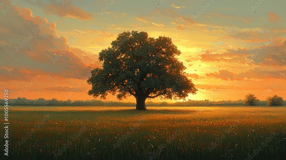 Fototapeta premium A serene sunset over a lone tree in an open field surrounded by gentle grasslands and vibrant clouds