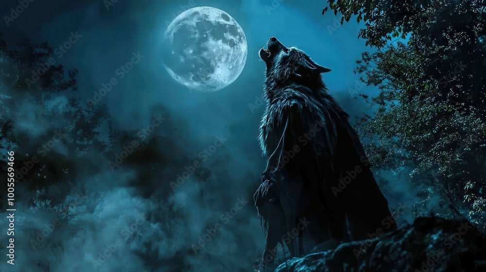 Wolf howling under a full moon in a misty forest. Wolf howling under a full moon in a misty forest.