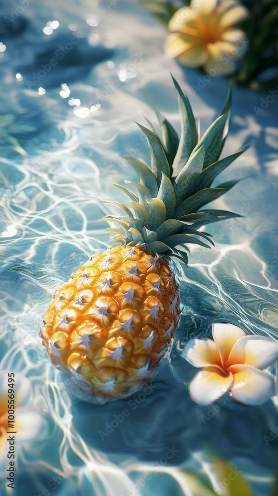 Pineapple in water with tropical flowers Pineapple in water with tropical flowers