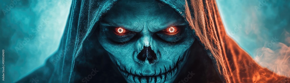 Naklejka premium A cloaked figure with altered eyes, their malicious gaze veiled, offering unknown powers to a young hero, danger concealed in a mystical bargain