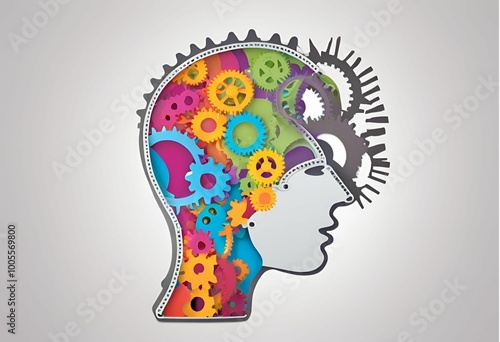 Wallpaper Mural head, brain, silhouette, mind, idea, thinking, concept, profile, think, gear, vector, face, intelligence, illustration, symbol, gears, icon,  Torontodigital.ca