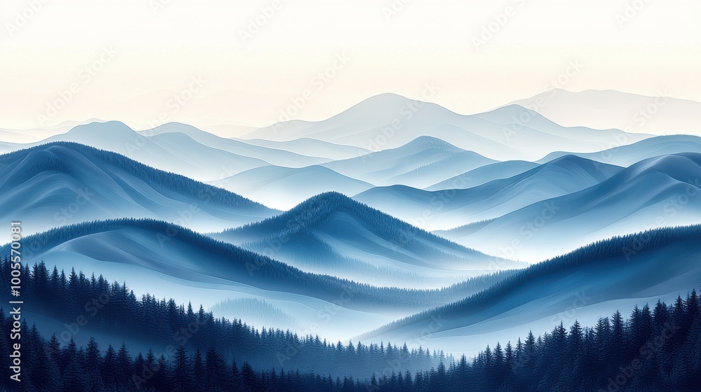 Obraz premium Serene layers of misty blue mountains and evergreen forests at dawn in a tranquil landscape