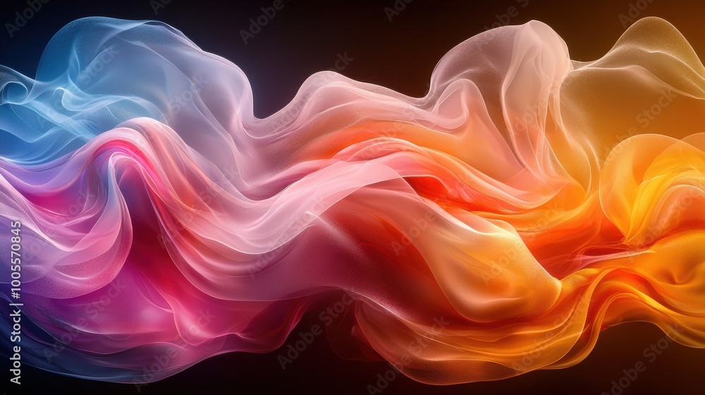 Fototapeta premium Colorful abstract waves of soft fabric flowing gracefully against a dark background at twilight