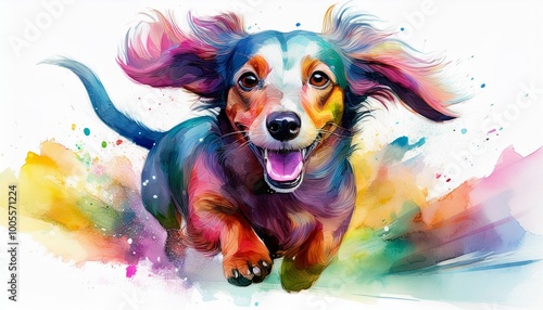 Vibrant watercolor illustration of a playful dachshund running