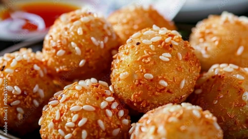Close-up of a snack of fried sesame sticky rice balls Close-up of a snack of fried sesame sticky rice balls