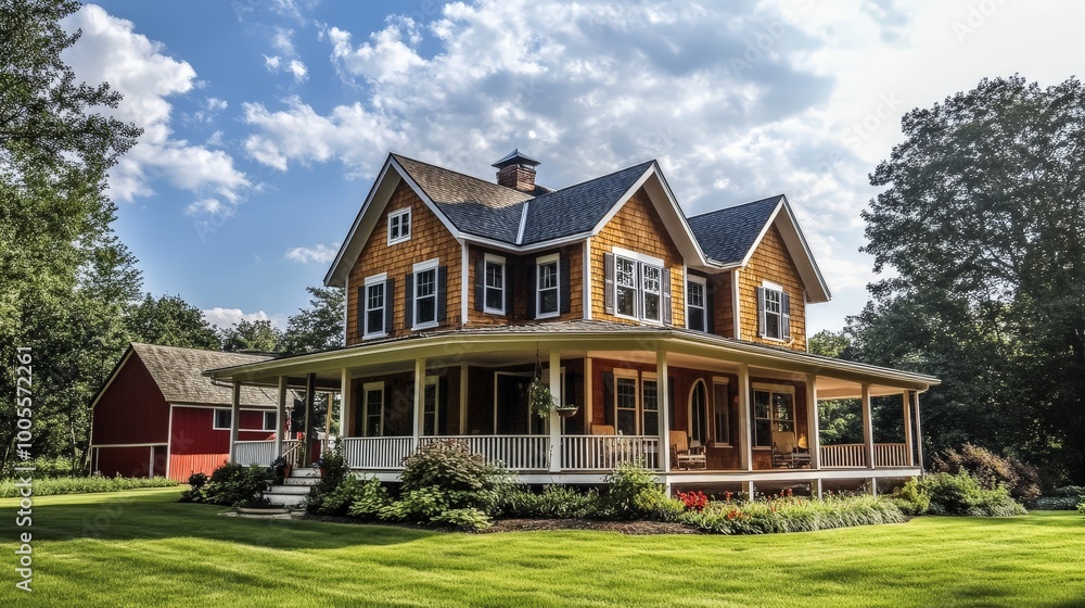 Obraz premium Create a classic farmhouse with a wraparound porch, wooden siding, and a red barn in the background