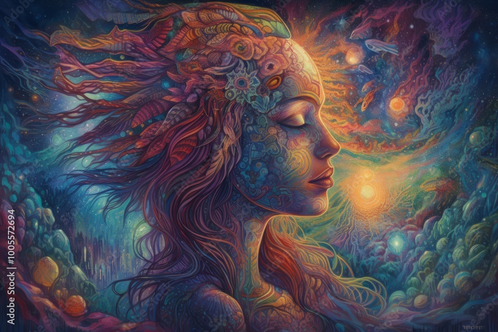 A vibrant, cosmic portrait of a woman with nature-inspired elements. A vibrant, cosmic portrait of a woman with nature-inspired elements.