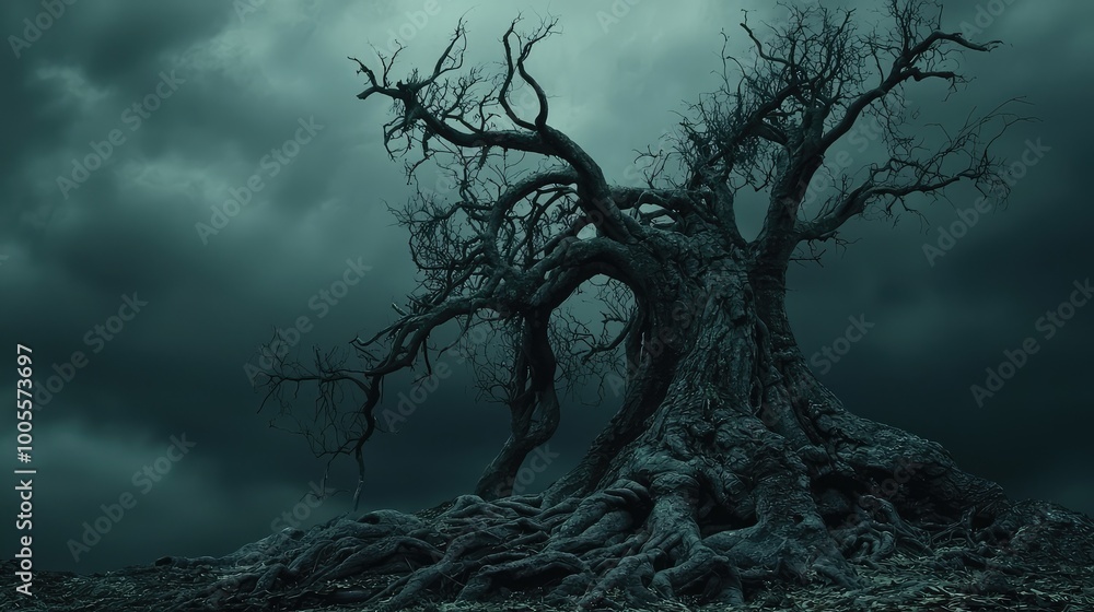 An eerie dead tree stands alone against a stormy sky, evoking feelings of mystery and isolation in a dark landscape. An eerie dead tree stands alone against a stormy sky, evoking feelings of mystery and isolation in a dark landscape.