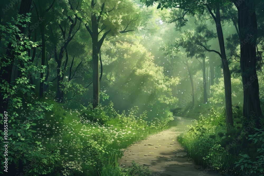 Fototapeta premium A forest path with a lot of trees and grass