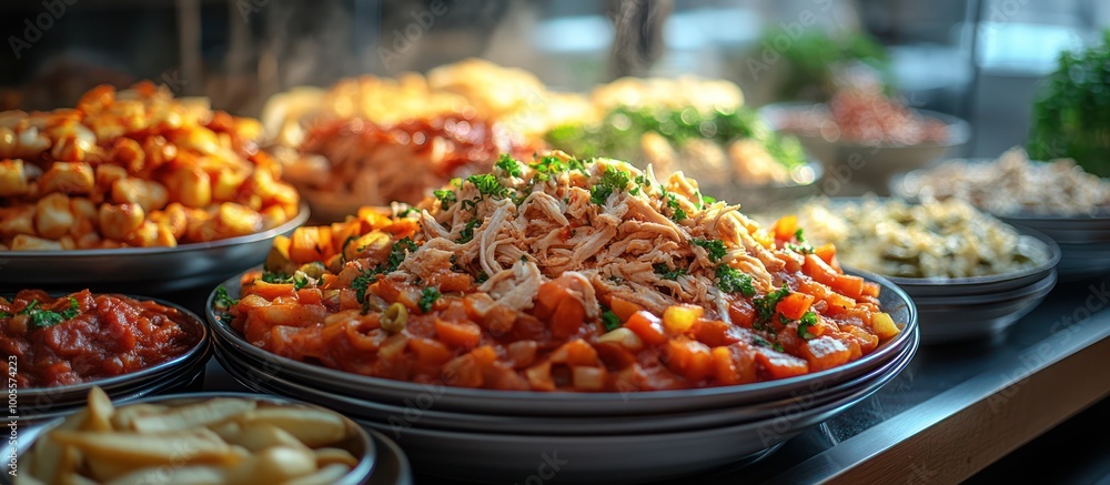 Closeup of a dish of pasta with chicken and red sauce served on Closeup of a dish of pasta with chicken and red sauce served on