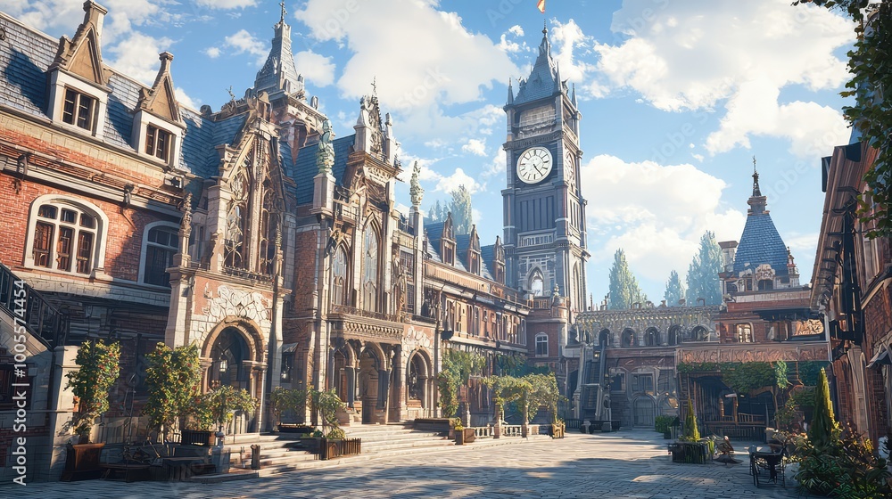 Fototapeta premium An enchanting architectural view featuring historic buildings and a prominent clock tower under a bright blue sky.