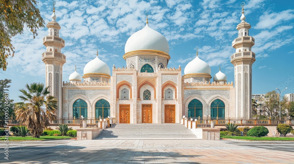 Fototapeta premium An exquisite architectural masterpiece featuring grand domes and elegant details under a bright blue sky.