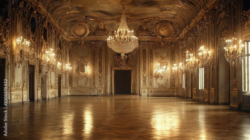Obraz premium An opulent ballroom with ornate decor, shimmering chandeliers, and polished wooden floors, perfect for elegance and luxury themes.