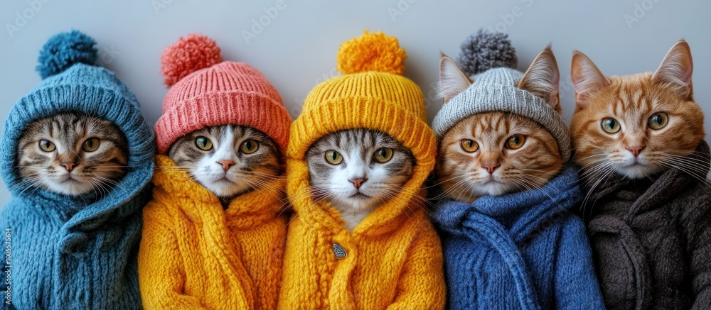 Four cats wearing knitted hats and sweaters looking directly at the camera. Four cats wearing knitted hats and sweaters looking directly at the camera.