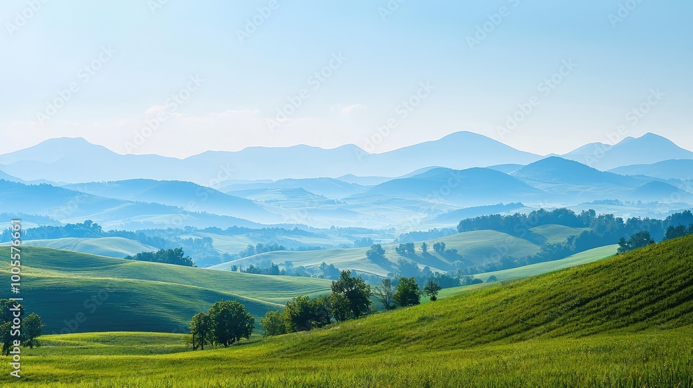 Obraz premium Breathtaking landscape featuring rolling green hills, serene mountains, and a tranquil atmosphere in soft, warm light.