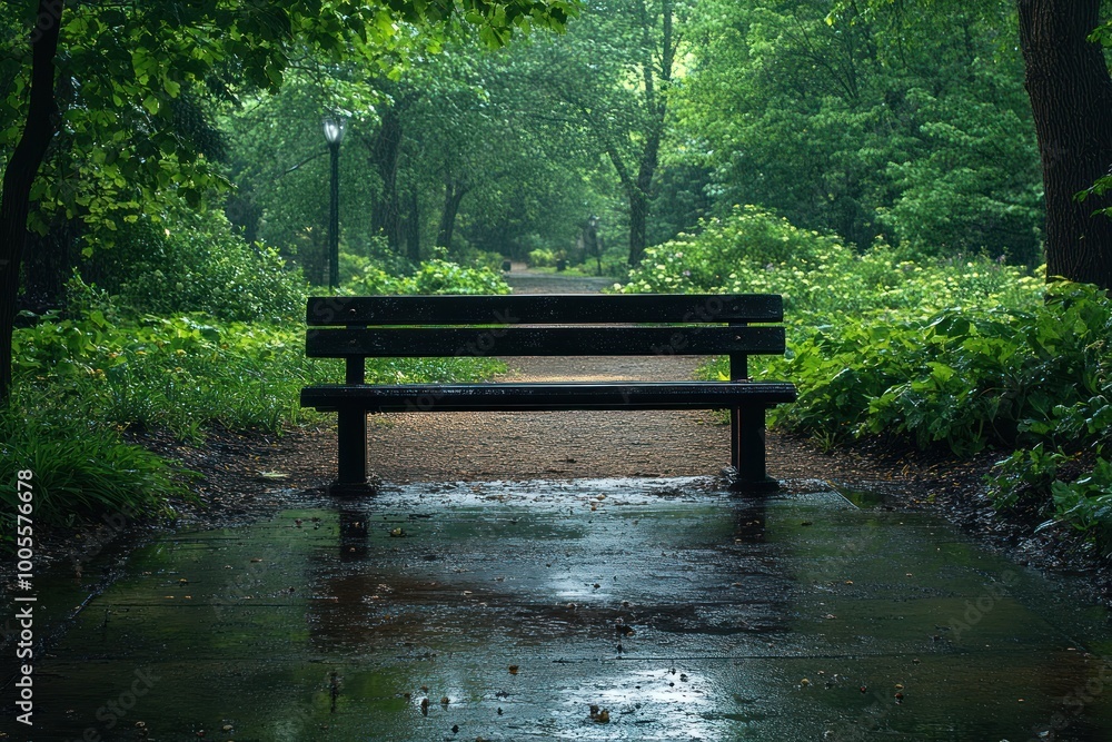 A lone bench sits on a wet, paved path in a lush, green park, with trees lining the pathway and a lamppost visible in the distance. A lone bench sits on a wet, paved path in a lush, green park, with trees lining the pathway and a lamppost visible in the distance.