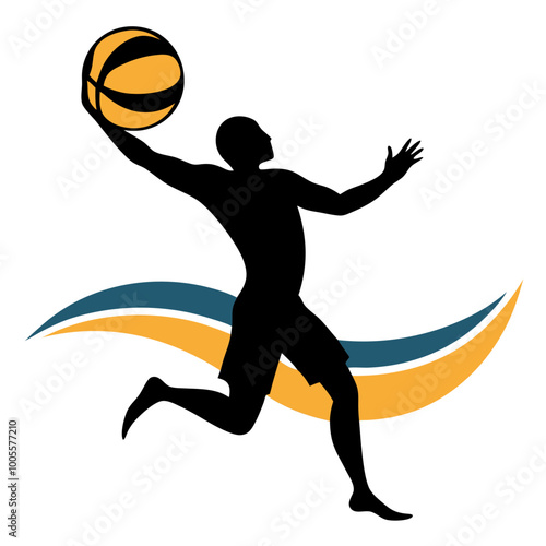 Beach Volleyball Silhouette: Dynamic silhouette of a male beach volleyball player executing a powerful spike, set against a stylized wave graphic.  Perfect for sports, summer.