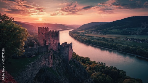 Breathtaking view of a historical castle overlooking a serene river at sunset, showcasing natural beauty and architectural grandeur. photo