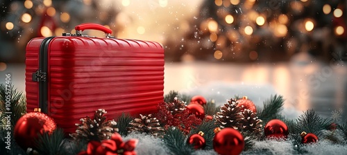 banner of Red suitcase on christmas background in airport , concept of Christmas holiday 