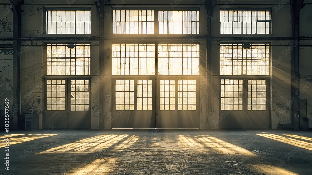 Bright sunlight streams through large industrial windows, casting beautiful shadows on the floor, creating a serene atmosphere. Bright sunlight streams through large industrial windows, casting beautiful shadows on the floor, creating a serene atmosphere.