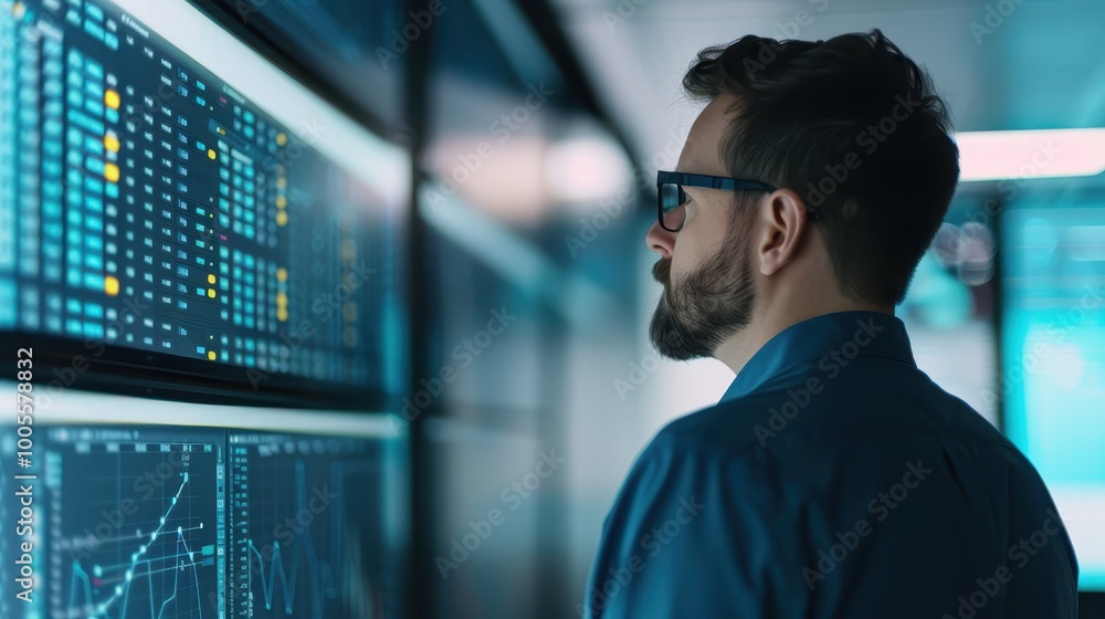 Fototapeta premium A businessman with glasses and a beard closely examines data on large digital screens in a high-tech office, highlighting data analysis and technology.