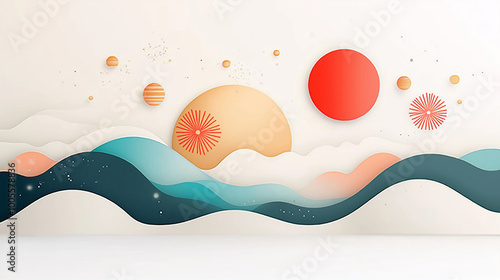 Create a peaceful and creative poster for China's National Day in a modern abstract art style. Incorporate vibrant colors like red, gold, and blue to symbolize celebration and unity.