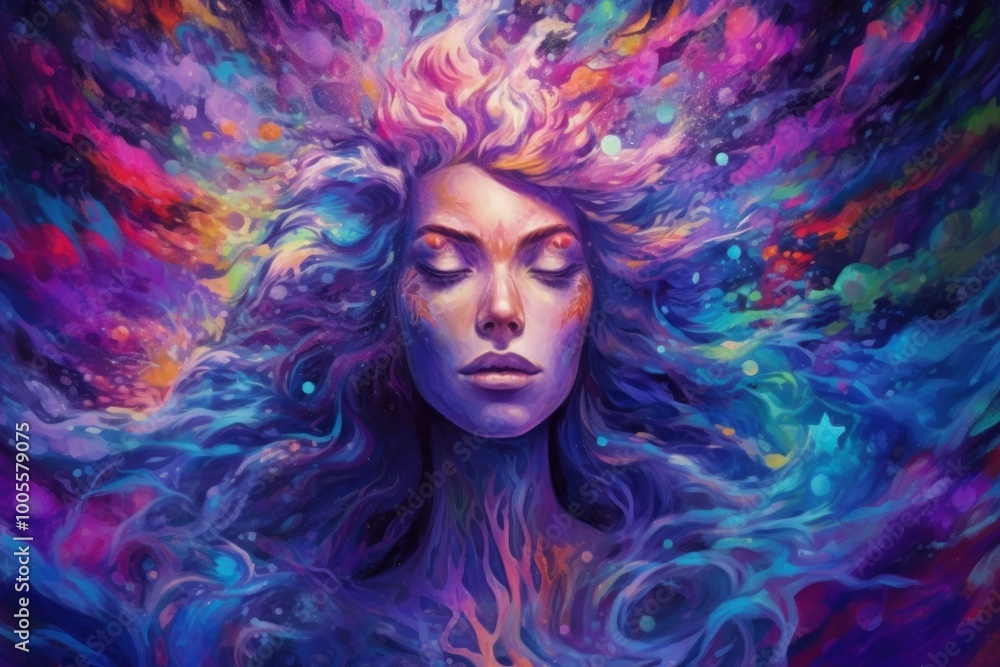 A vibrant, ethereal portrait of a woman surrounded by colorful swirls. A vibrant, ethereal portrait of a woman surrounded by colorful swirls.