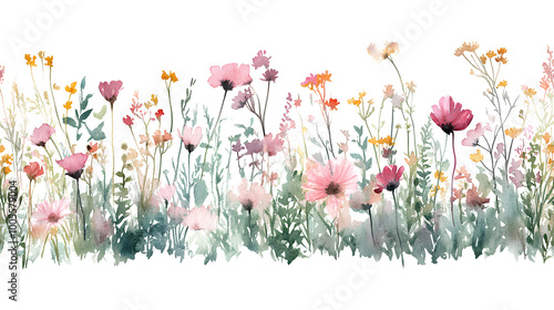 Fototapeta Naklejka Na Ścianę i Meble -  Watercolor seamless floral border with wildflowers, botanical illustration, hand-painted floral design, colorful flowers, pink, yellow, and red flowers, wildflower meadow