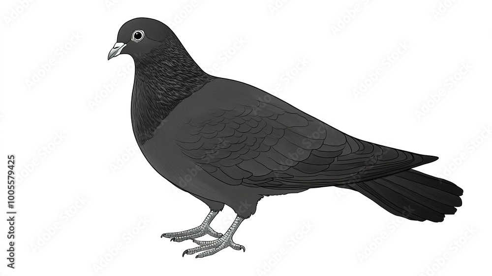 Fototapeta premium A stunning black mail pigeon, perched gracefully against a soft, neutral background. This elegant bird is depicted with its glossy feathers reflecting light, showcasing its vibrant black color.